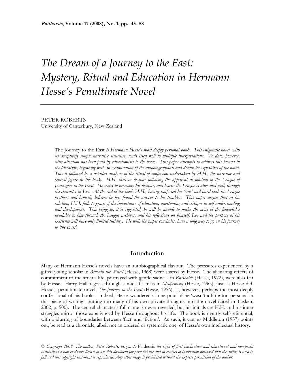 The Dream of a Journey to the East: Mystery, Ritual and Education in Hermann Hesse’S Penultimate Novel