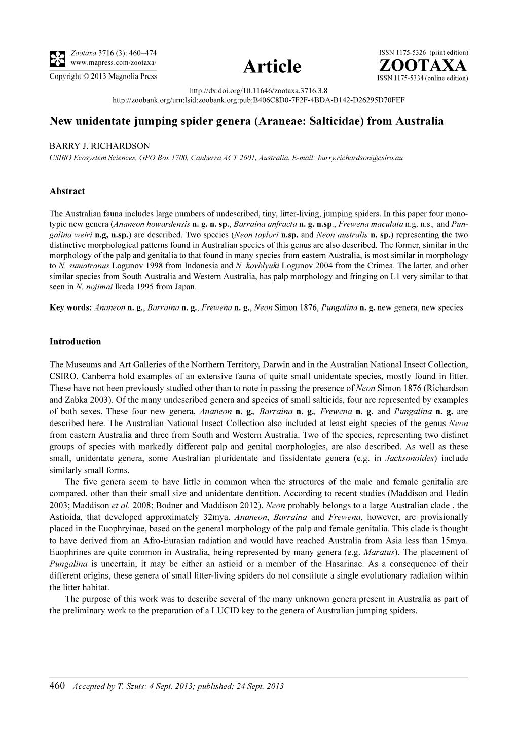 New Unidentate Jumping Spider Genera (Araneae: Salticidae) from Australia