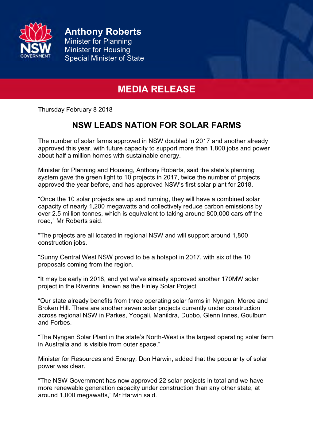 Anthony Roberts MEDIA RELEASE