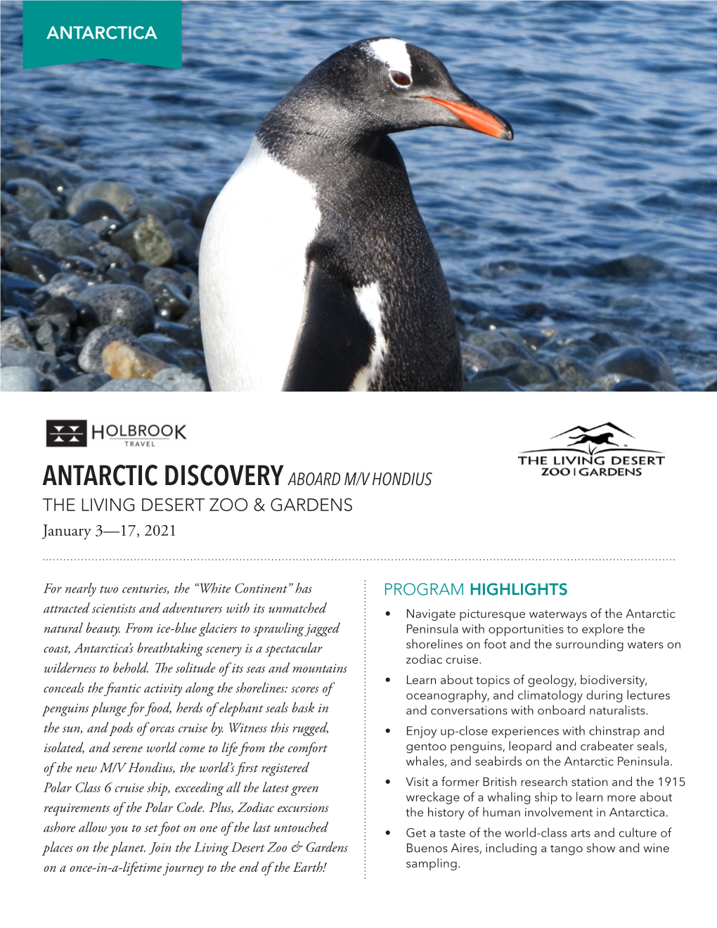 ANTARCTIC DISCOVERY ABOARD M/V HONDIUS the LIVING DESERT ZOO & GARDENS January 3—17, 2021