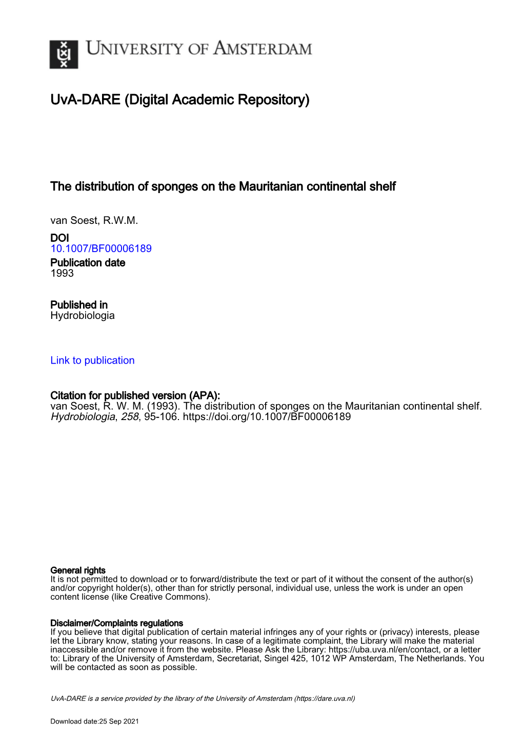 Distribution of Sponges on the Mauritanian Continental Shelf Van Soest, R.W.M