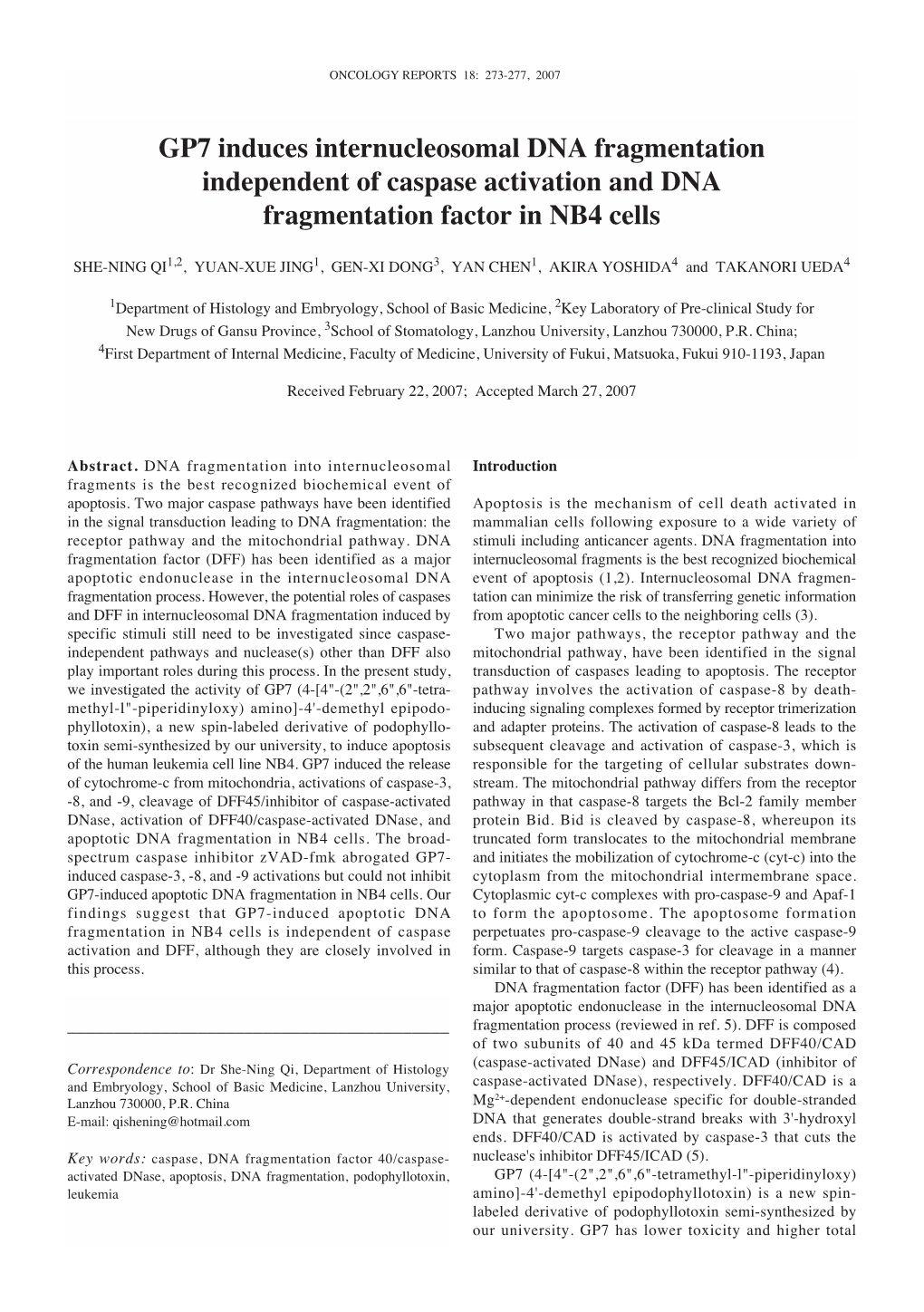 GP7 Induces Internucleosomal DNA Fragmentation Independent of Caspase Activation and DNA Fragmentation Factor in NB4 Cells