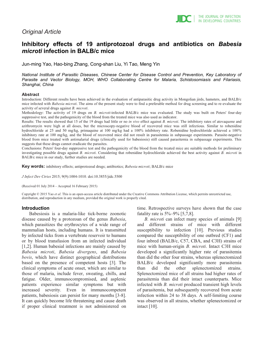 Inhibitory Effects of 19 Antiprotozoal Drugs and Antibiotics on Babesia Microti Infection in BALB/C Mice