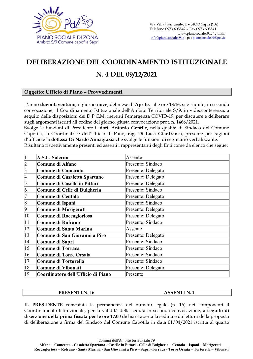 Delibera Del Coordinamento Istituzionale