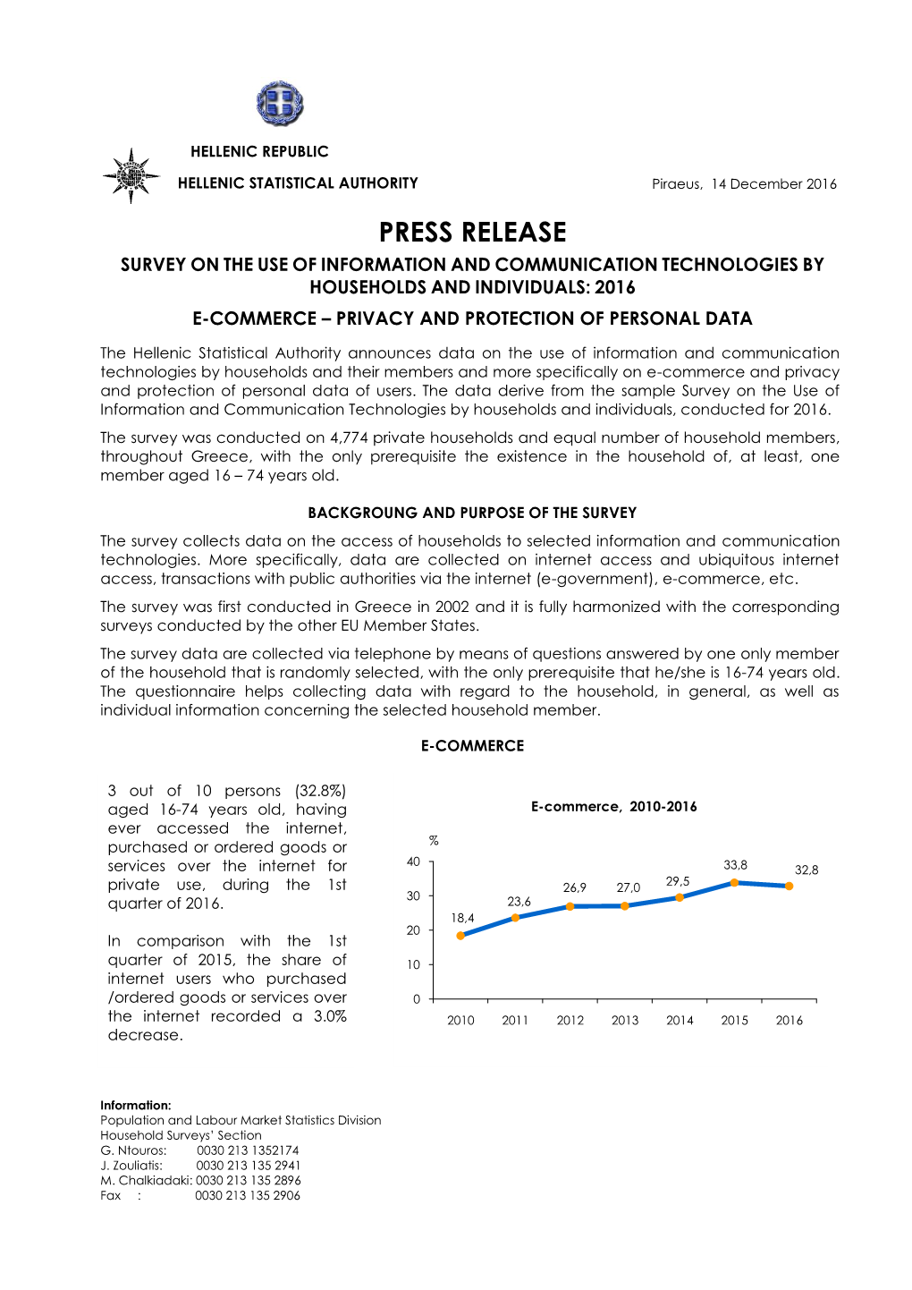 Press Release Survey on the Use of Information and Communication Technologies by Households and Individuals: 2016