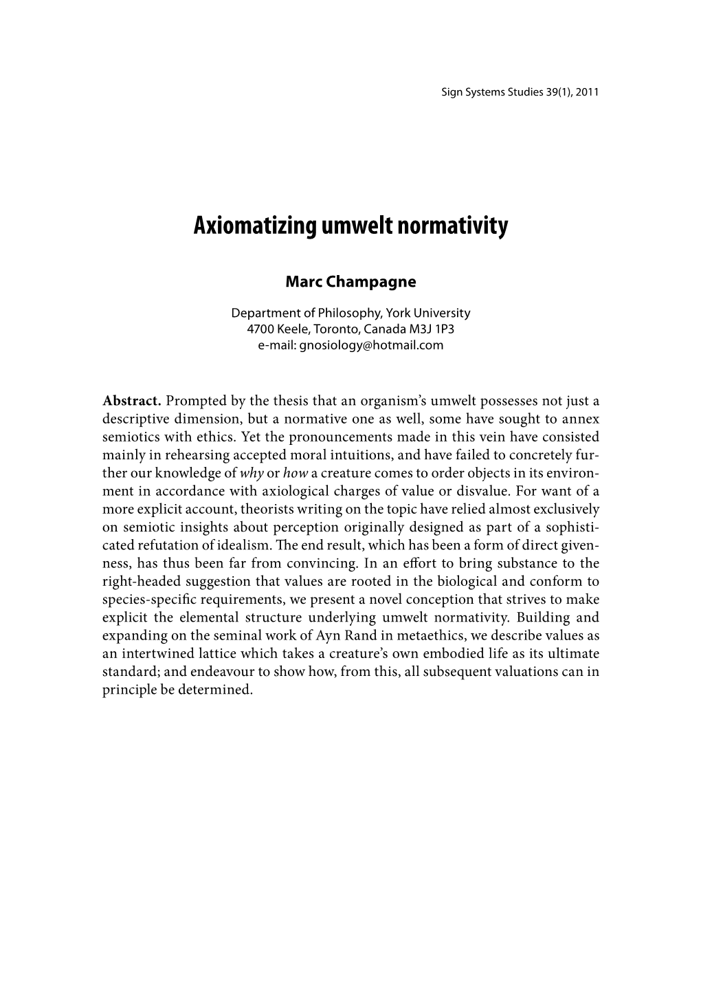 Axiomatizing Umwelt Normativity