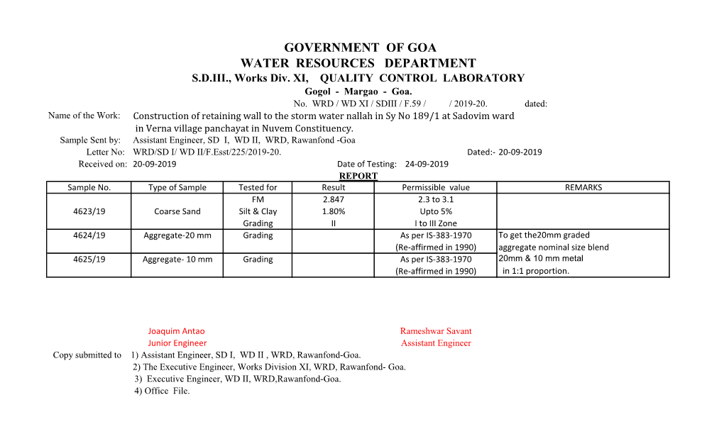 GOVERNMENT of GOA WATER RESOURCES DEPARTMENT S.D.III., Works Div