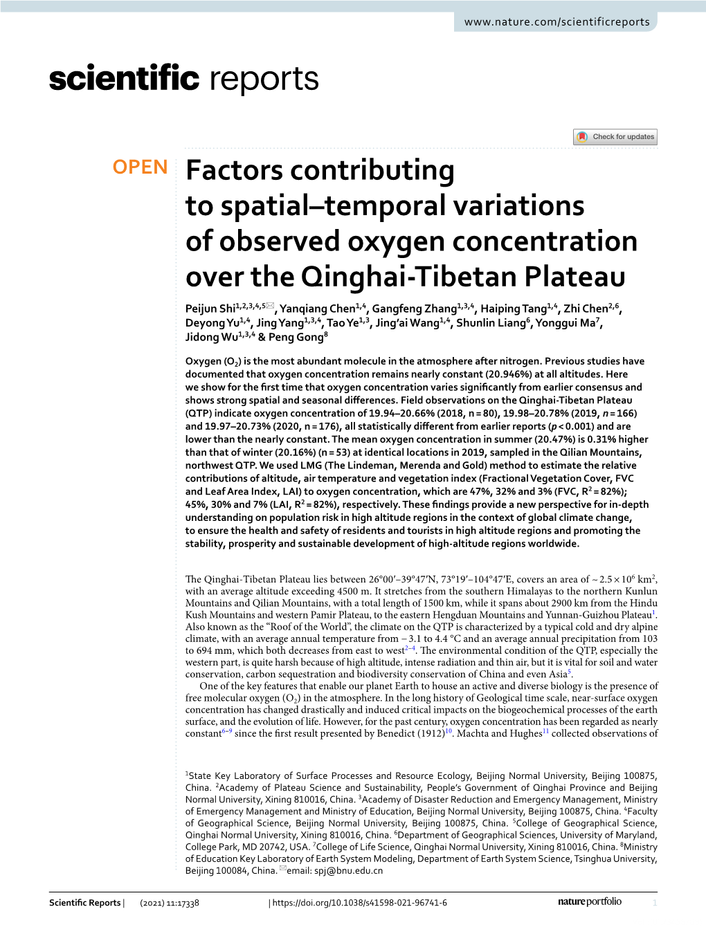 Factors Contributing to Spatial–Temporal Variations of Observed Oxygen Concentration Over the Qinghai-Tibetan Plateau