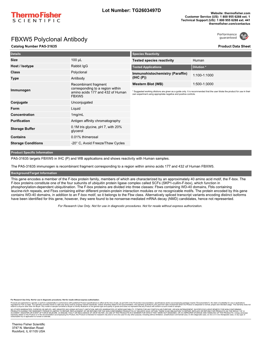 FBXW5 Polyclonal Antibody Catalog Number PA5-31635 Product Data Sheet