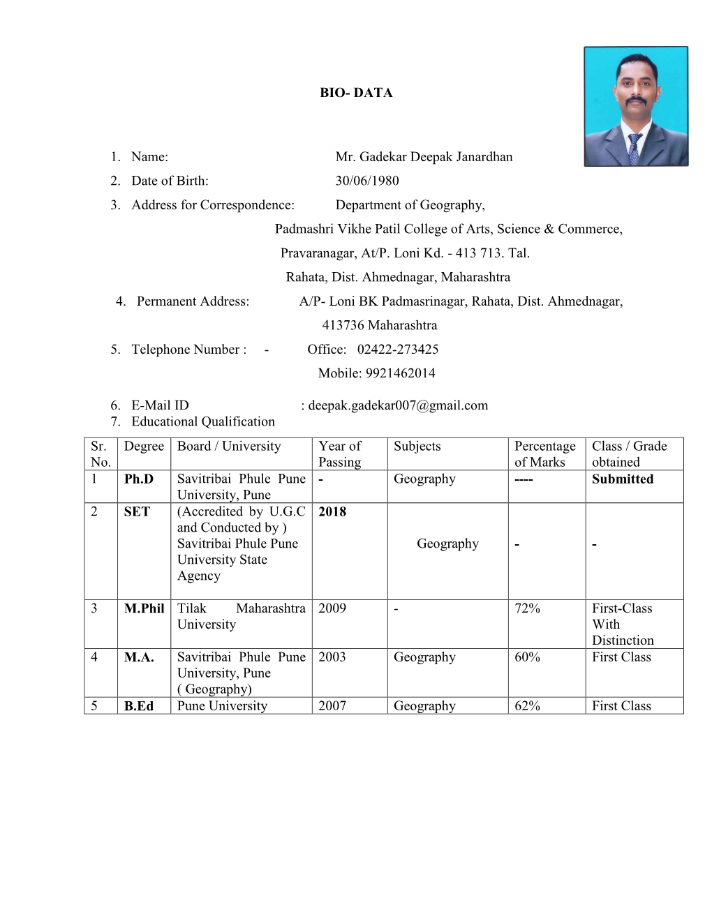 BIO- DATA 1. Name: Mr. Gadekar Deepak Janardhan 2. Date of Birth