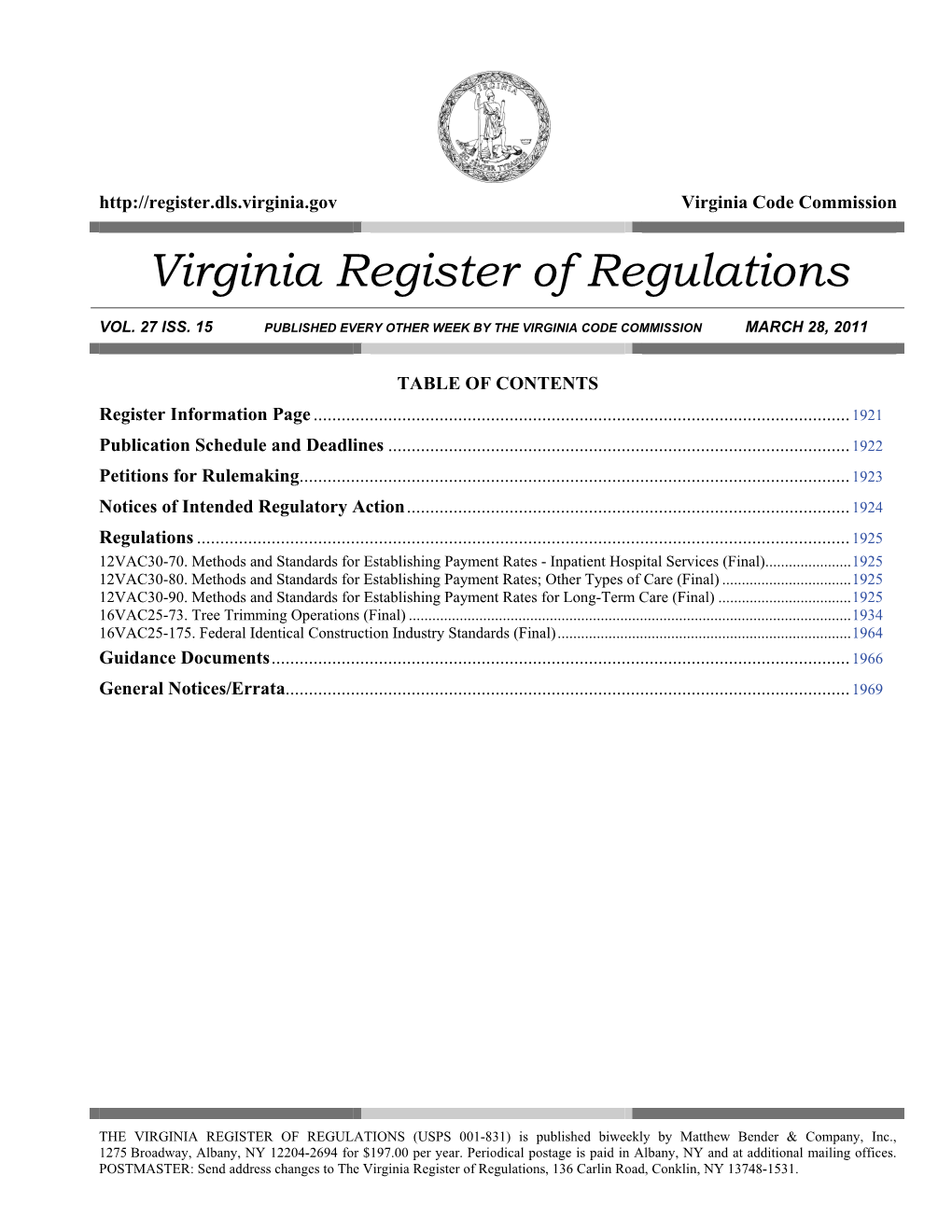 Volume 27, Issue 15 Virginia Register of Regulations March 28, 2011