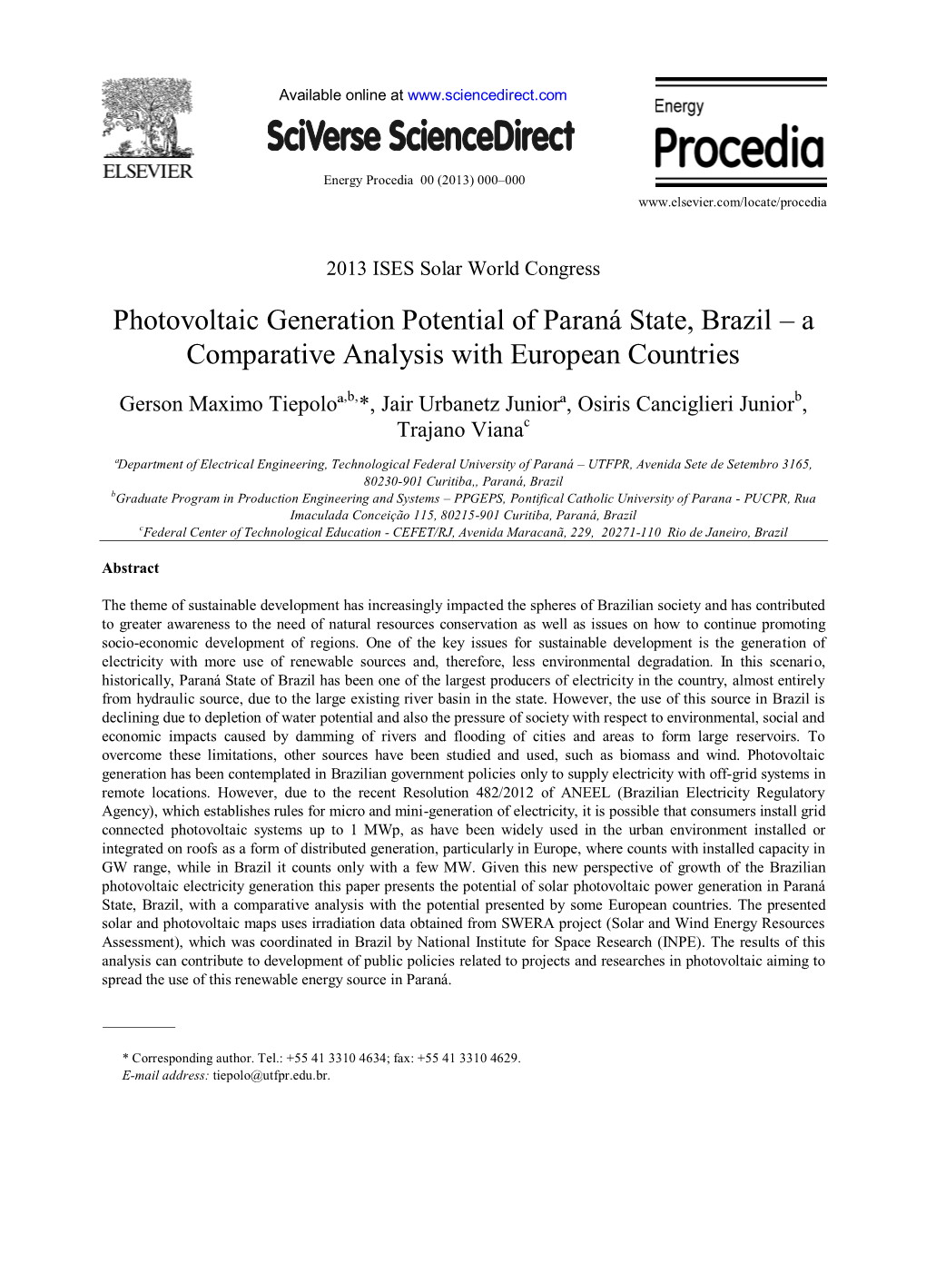 Photovoltaic Generation Potential of Paraná State, Brazil – a Comparative Analysis with European Countries