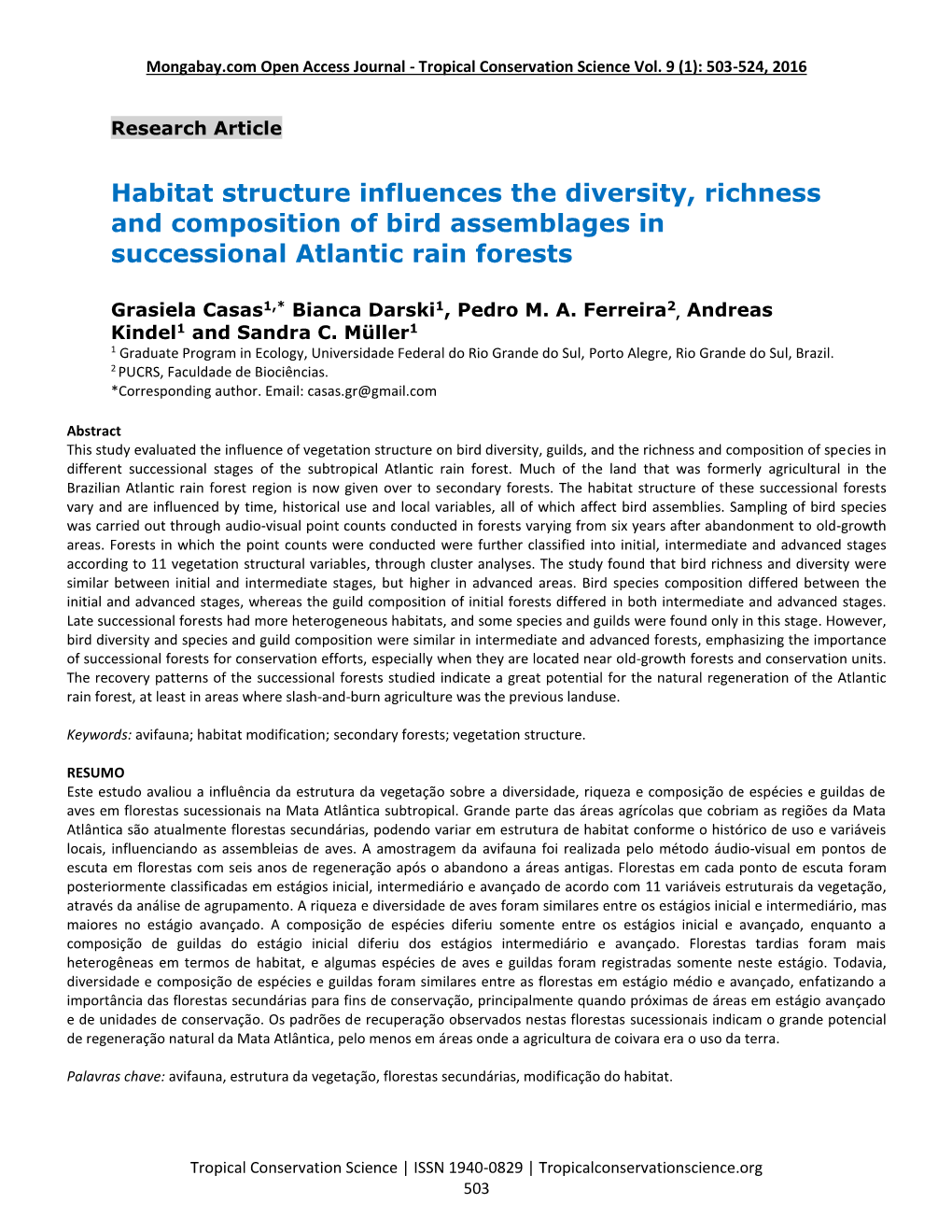 Habitat Structure Influences the Diversity, Richness and Composition of Bird Assemblages in Successional Atlantic Rain Forests