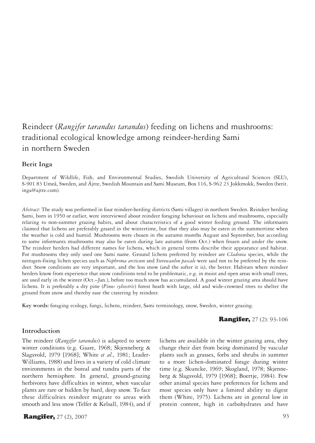 Reindeer (Rangifer Tarandus Tarandus) Feeding on Lichens and Mushrooms: Traditional Ecological Knowledge Among Reindeer-Herding Sami in Northern Sweden