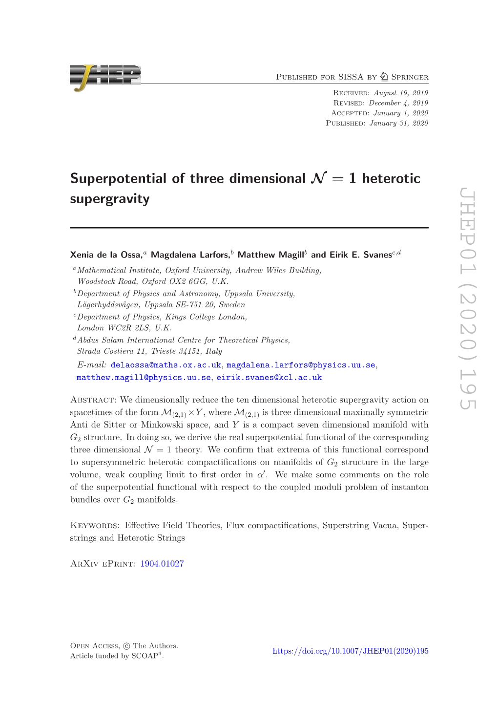 Superpotential of Three Dimensional N $$\Mathcal {N} $$= 1 Heterotic