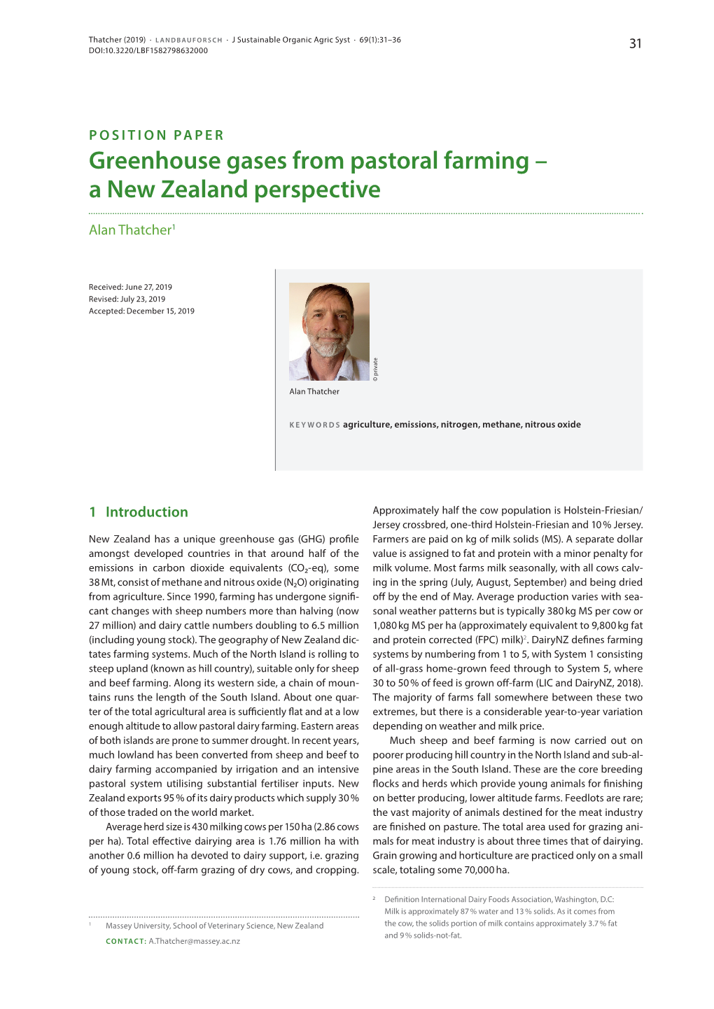 Thatcher (2019) Greenhouse Gases from Pastoral Farming – a New Zealand Perspective