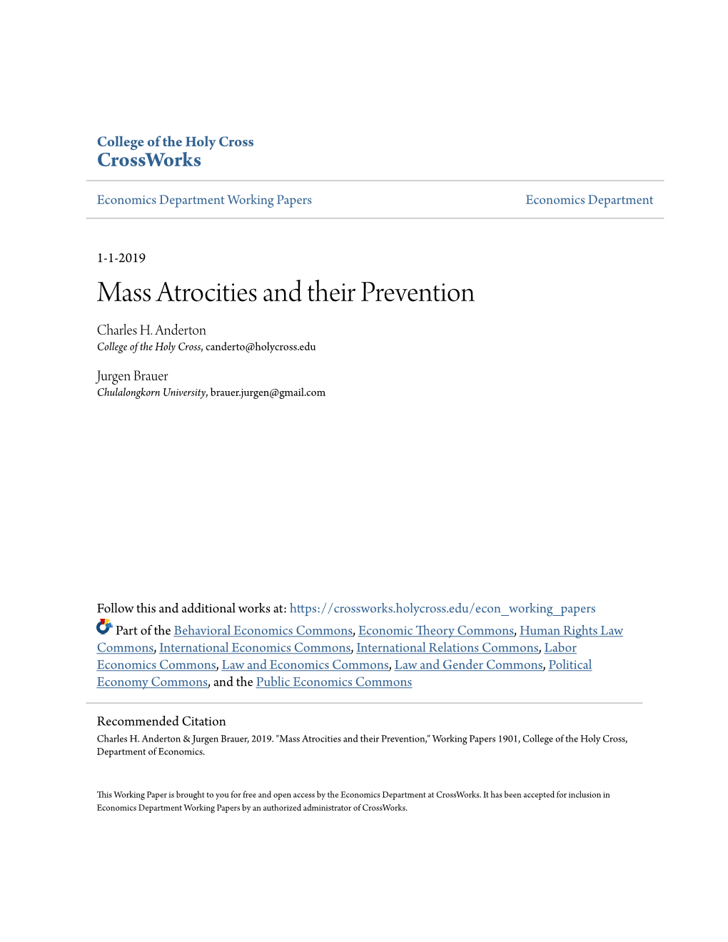 Mass Atrocities and Their Prevention Charles H