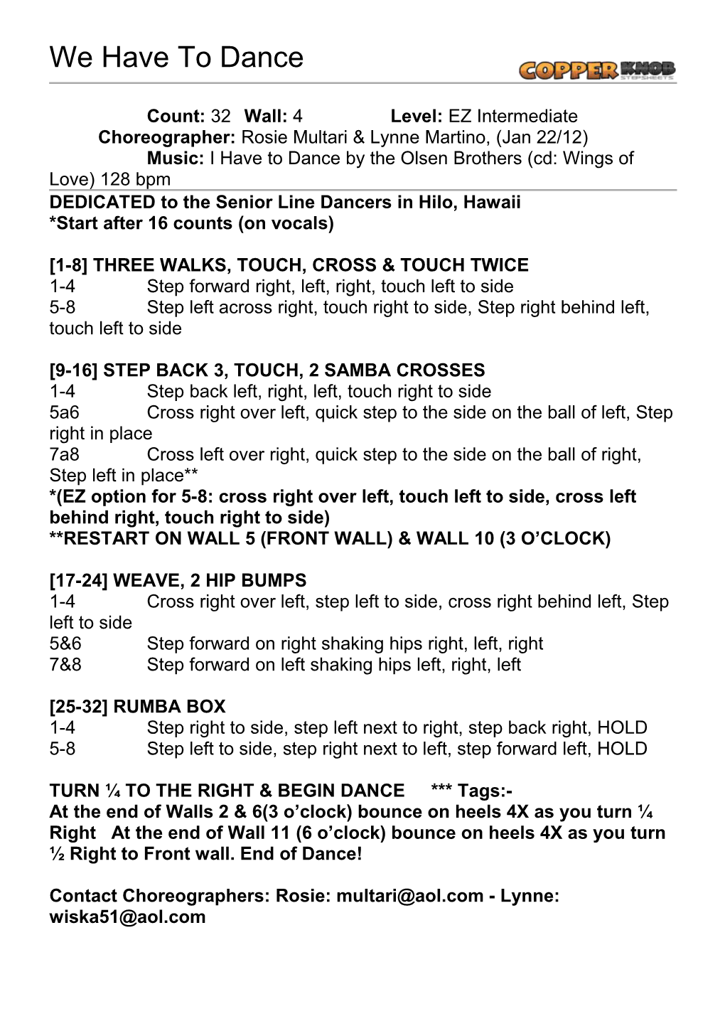 Copperknob - Linedance Stepsheets - We Have to Dance