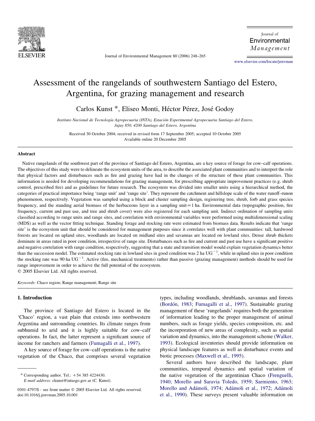 Assessment of the Rangelands of Southwestern Santiago Del Estero, Argentina, for Grazing Management and Research