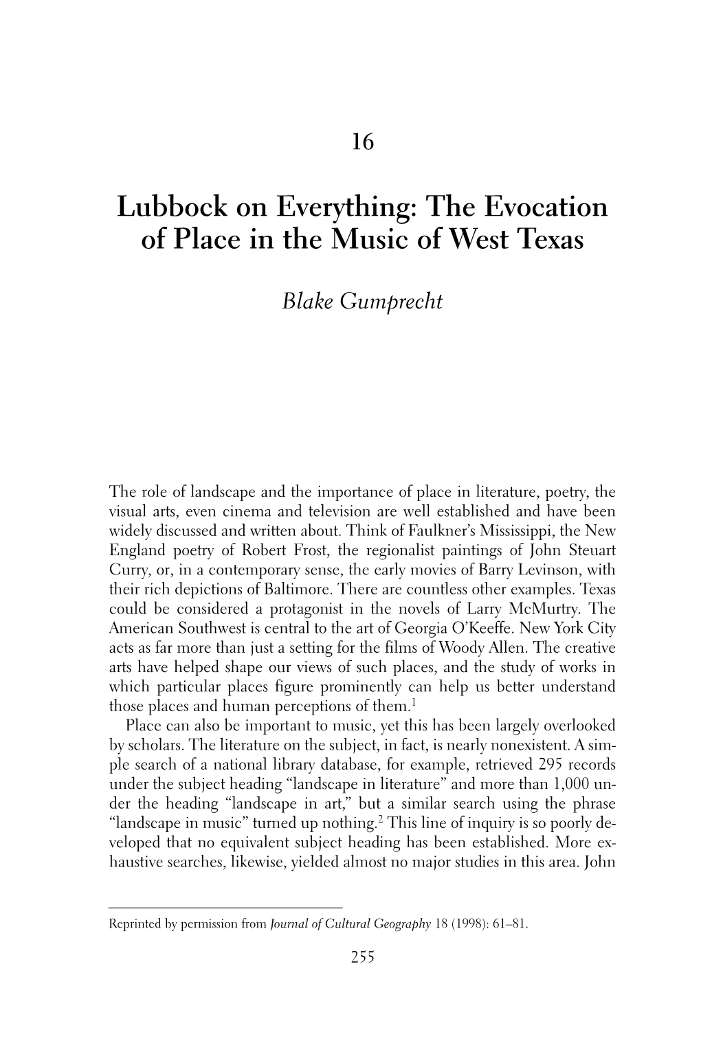 Lubbock on Everything: the Evocation of Place in the Music of West Texas