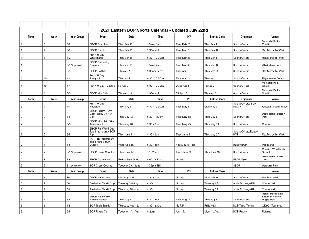 2021 Eastern BOP Sports Calendar - Updated July 22Nd