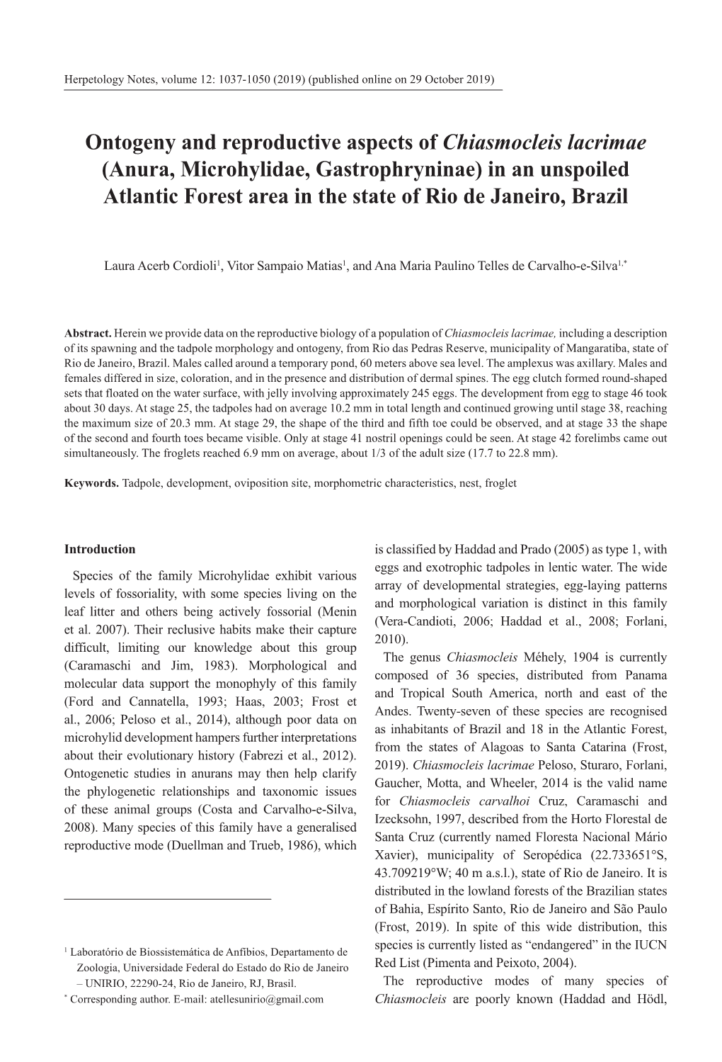 Ontogeny and Reproductive Aspects of Chiasmocleis Lacrimae