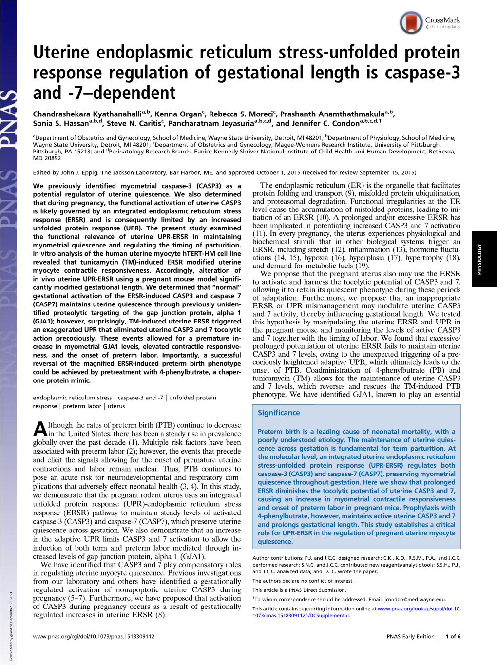 Uterine Endoplasmic Reticulum Stress-Unfolded Protein Response Regulation of Gestational Length Is Caspase-3 and -7–Dependent