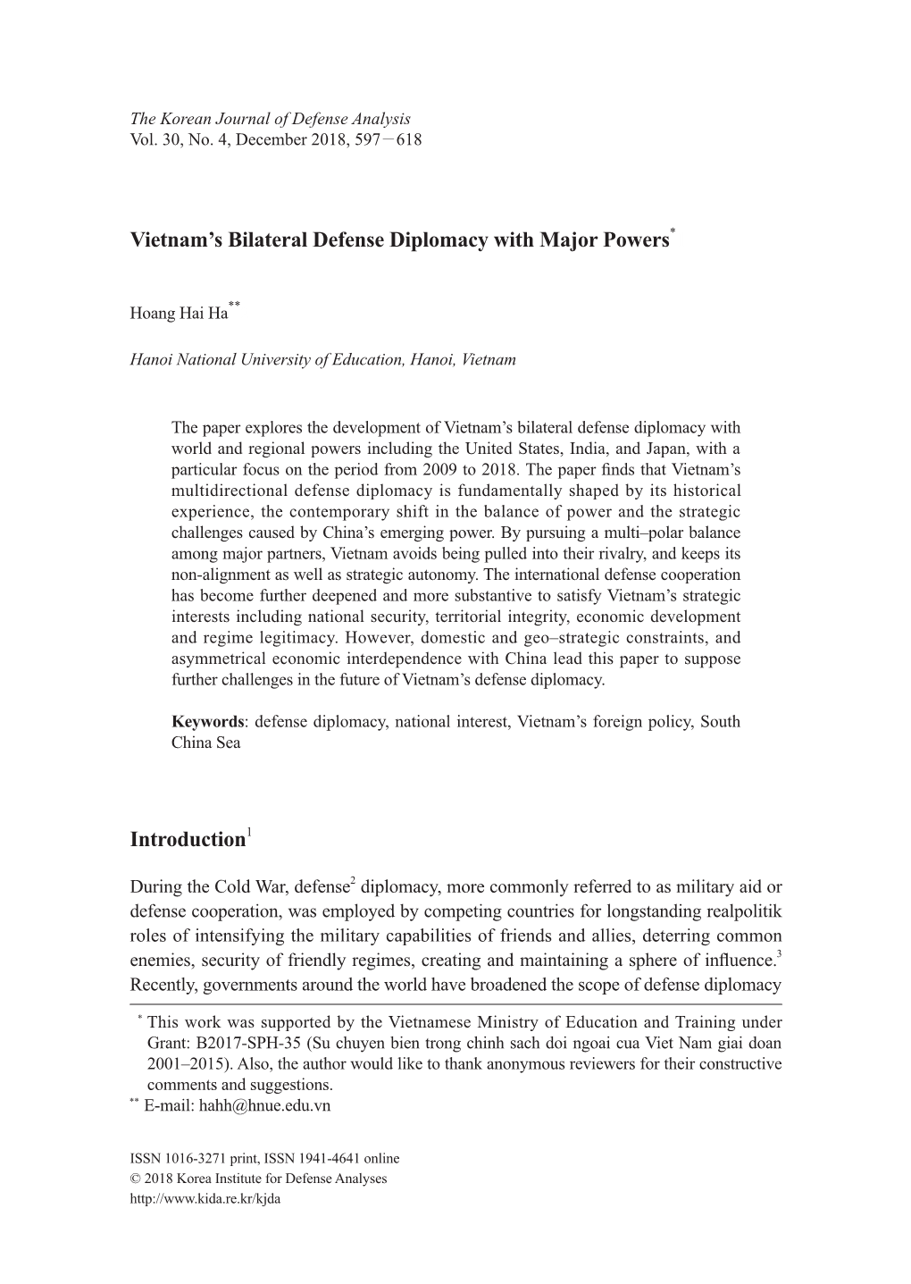 Vietnam's Bilateral Defense Diplomacy with Major Powers*1