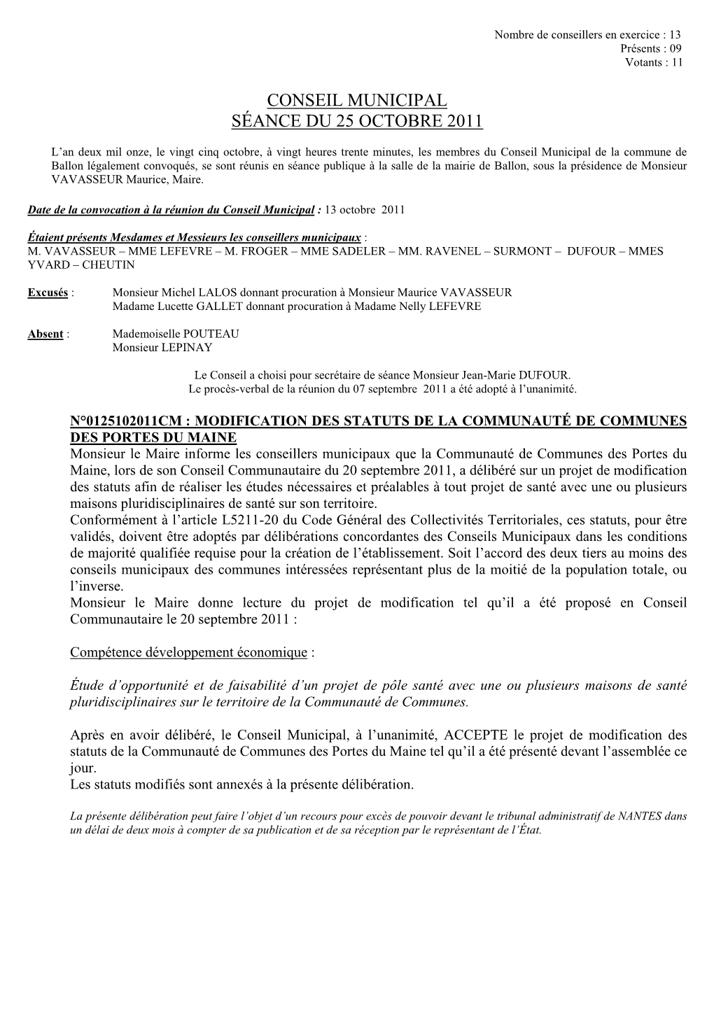 Conseil Municipal Séance Du 25 Octobre 2011