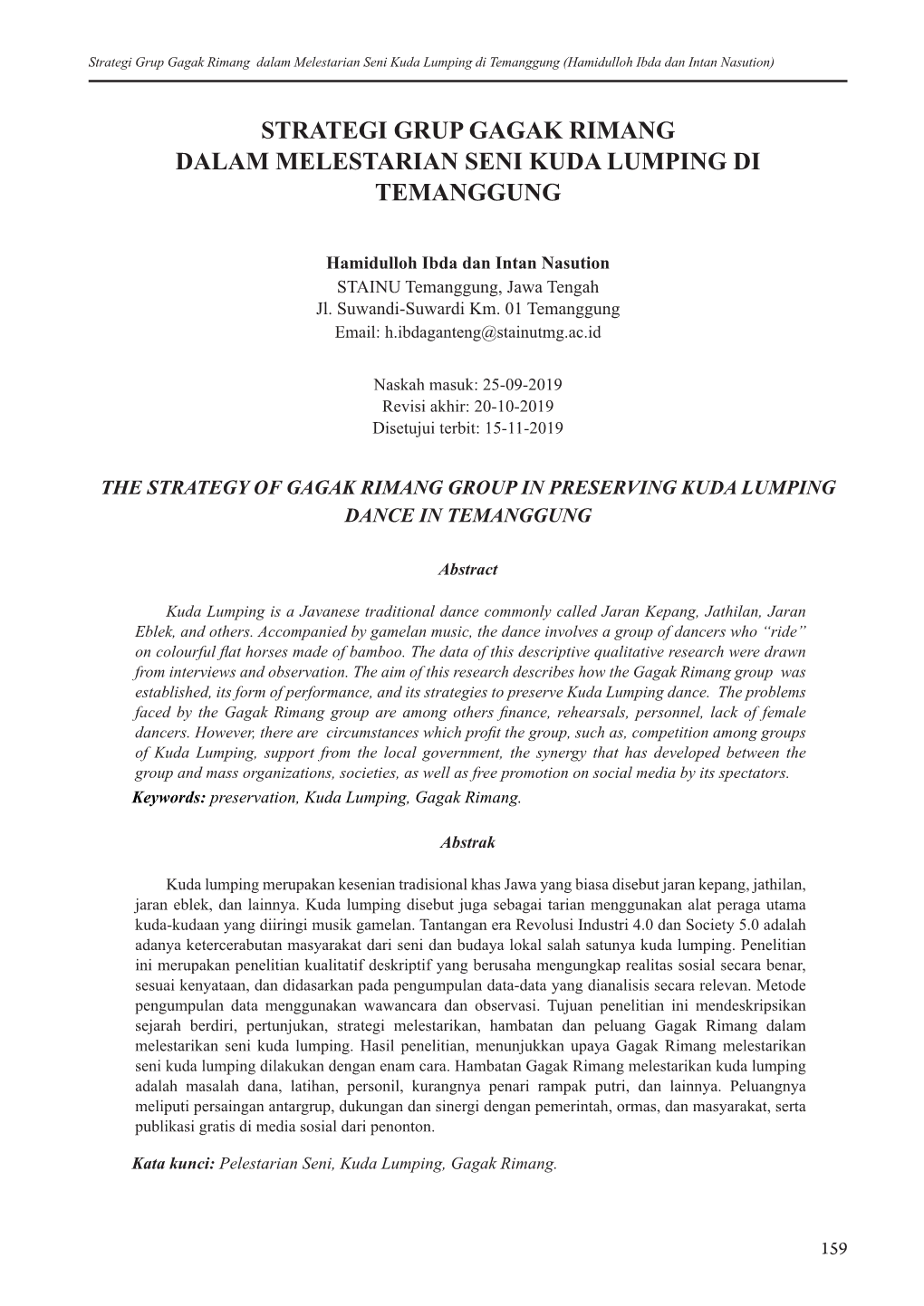 Strategi Grup Gagak Rimang Dalam Melestarian Seni Kuda Lumping Di Temanggung (Hamidulloh Ibda Dan Intan Nasution)