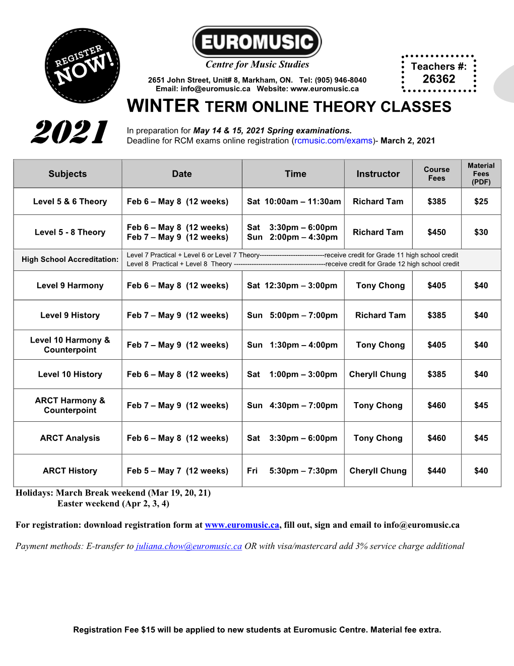 Winter Term Online Theory Classes