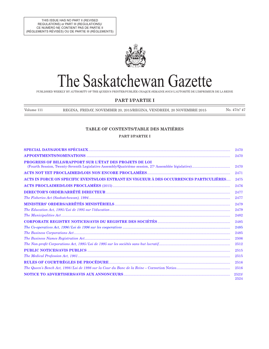 The Saskatchewan Gazette, November 20, 2015 2469