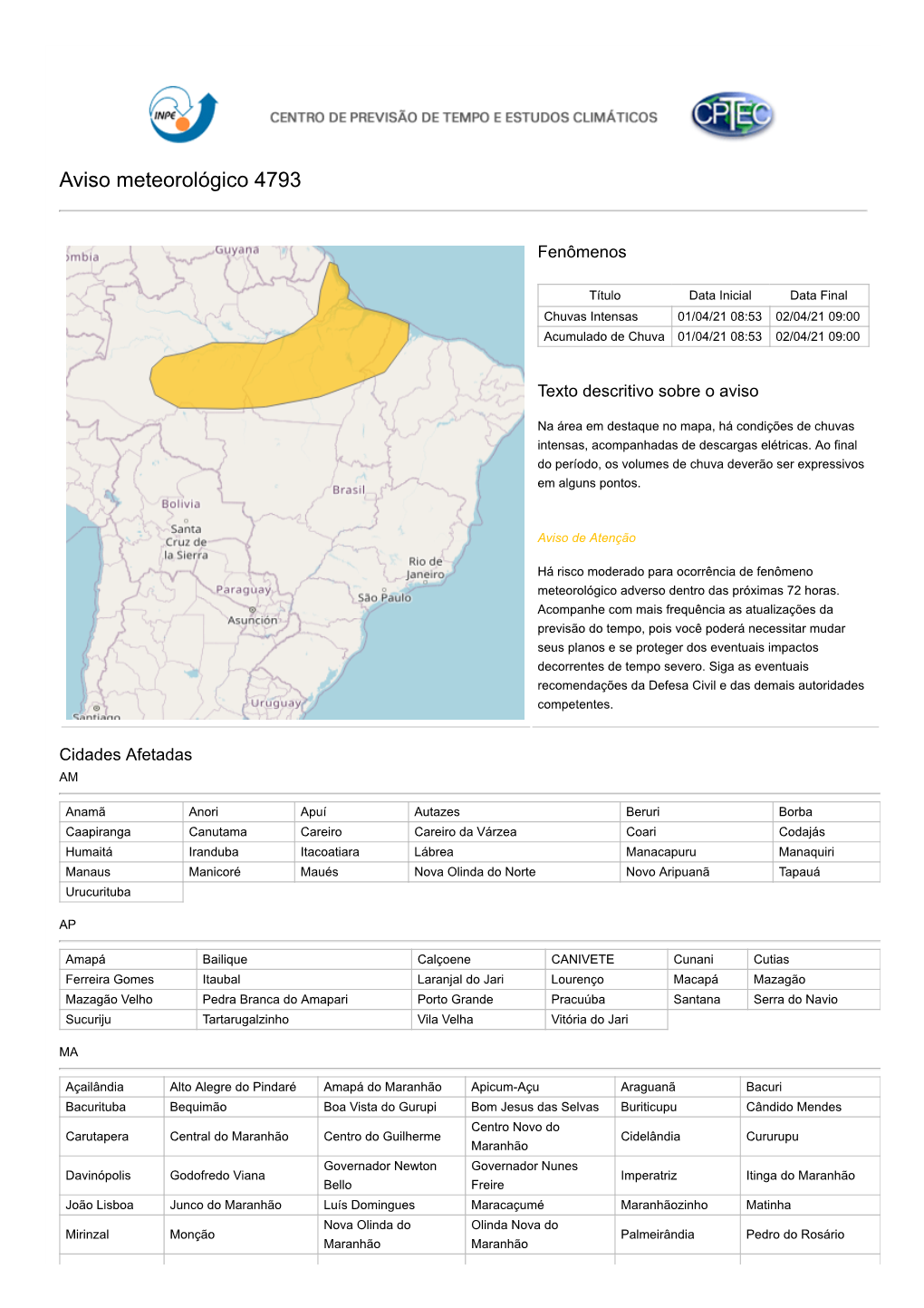 Aviso Meteorológico 4793