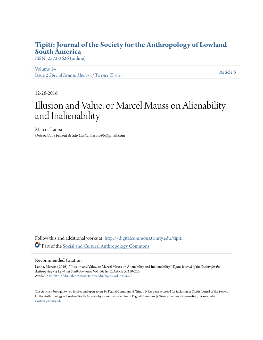 Illusion and Value, Or Marcel Mauss on Alienability and Inalienability Marcos Lanna Universidade Federal De São Carlos, Barolo96@Gmail.Com