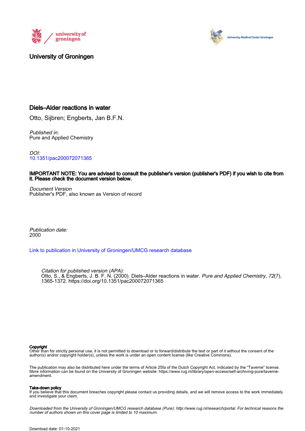 University of Groningen Diels–Alder Reactions in Water Otto, Sijbren