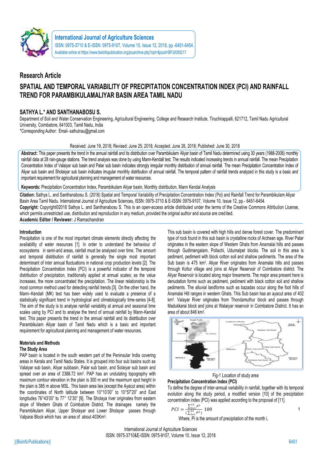 Research Article SPATIAL and TEMPORAL VARIABILITY of PRECIPITATION CONCENTRATION INDEX (PCI) and RAINFALL TREND for PARAMBIKULAMALIYAR BASIN AREA TAMIL NADU