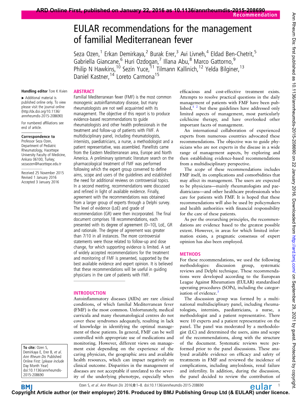 EULAR Recommendations for the Management of Familial