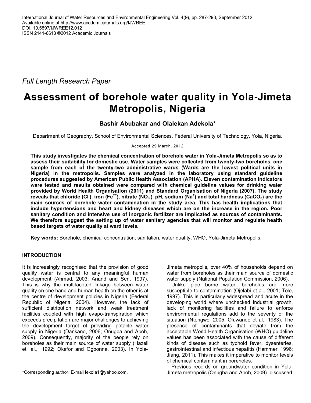 Analysis of Water Portability in Yola North and Yola