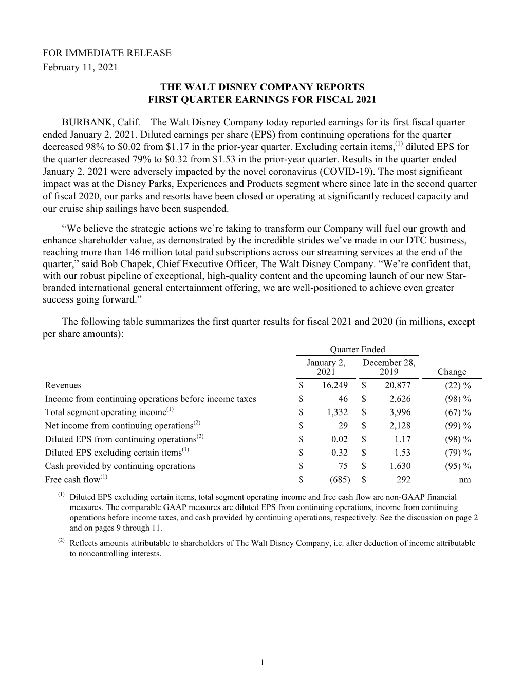 FOR IMMEDIATE RELEASE February 11, 2021 the WALT DISNEY COMPANY REPORTS FIRST QUARTER EARNINGS for FISCAL 2021