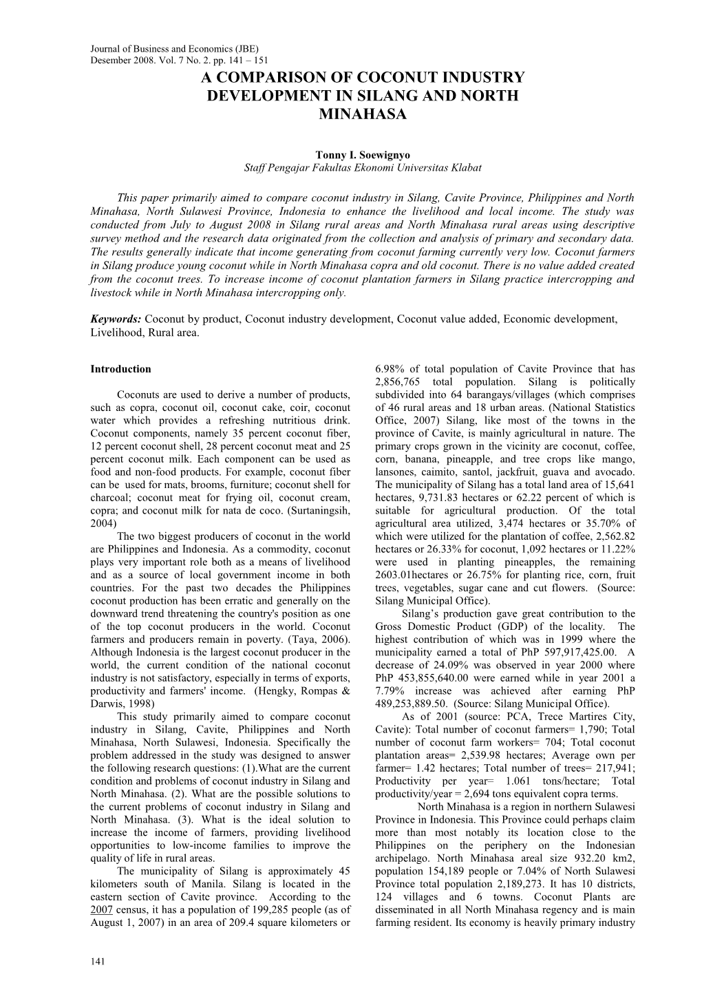 A Comparison of Coconut Industry Development in Silang and North Minahasa