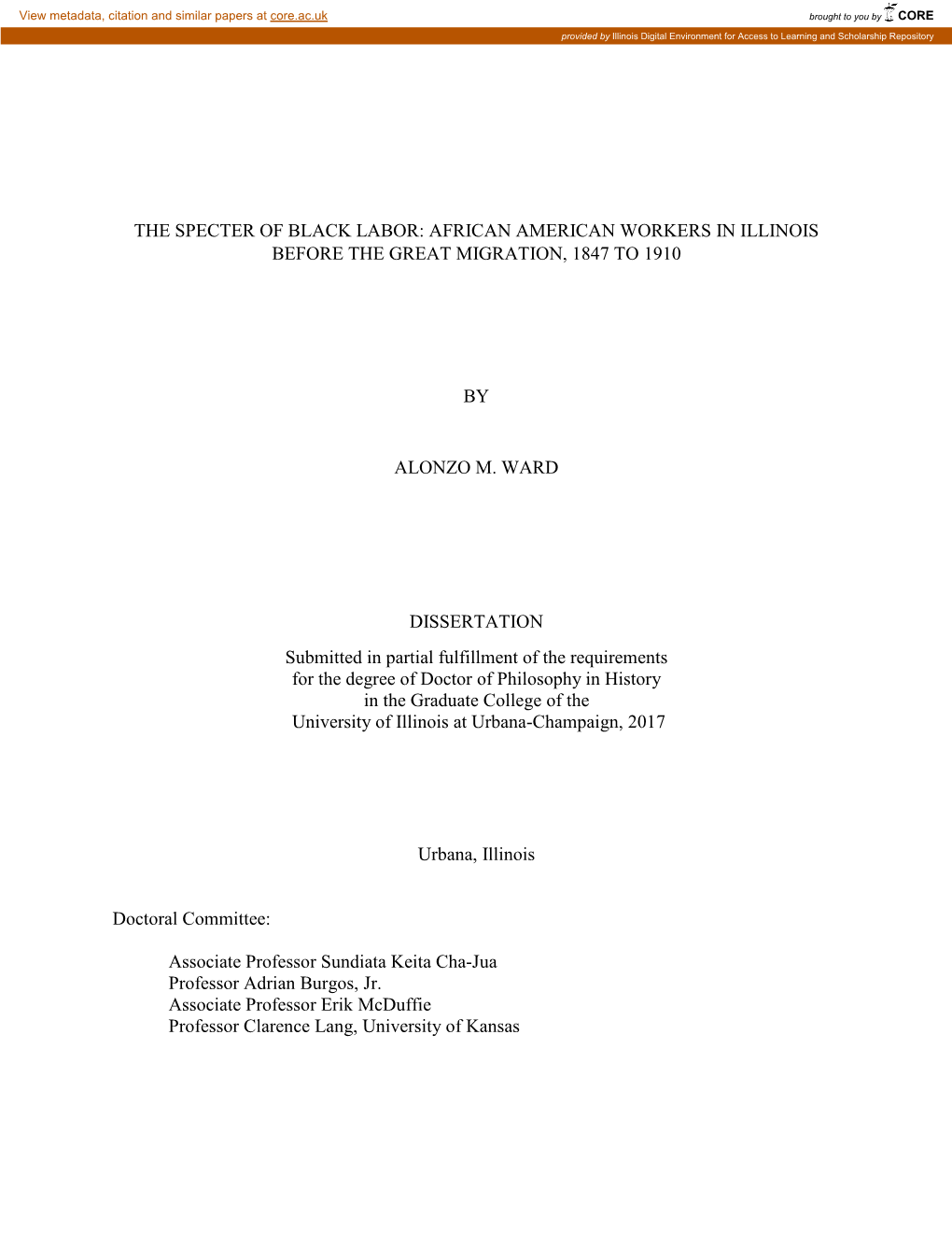 African American Workers in Illinois Before the Great Migration, 1847 to 1910 by Alonzo M. Ward Diss