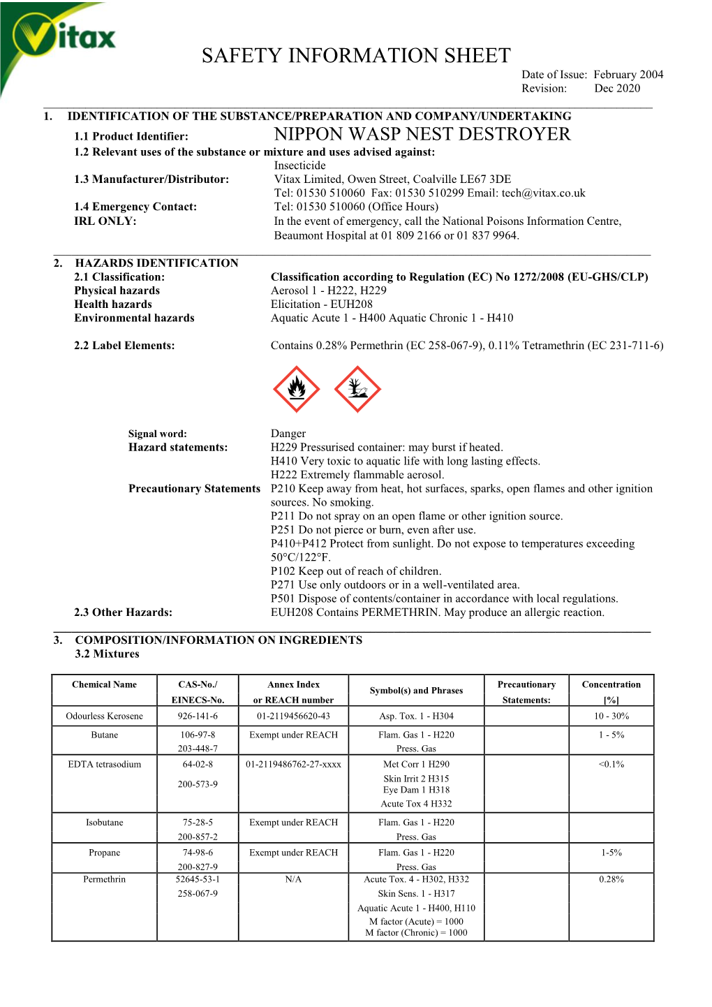 SAFETY INFORMATION SHEET Date of Issue: February 2004 Revision: Dec 2020 ______1