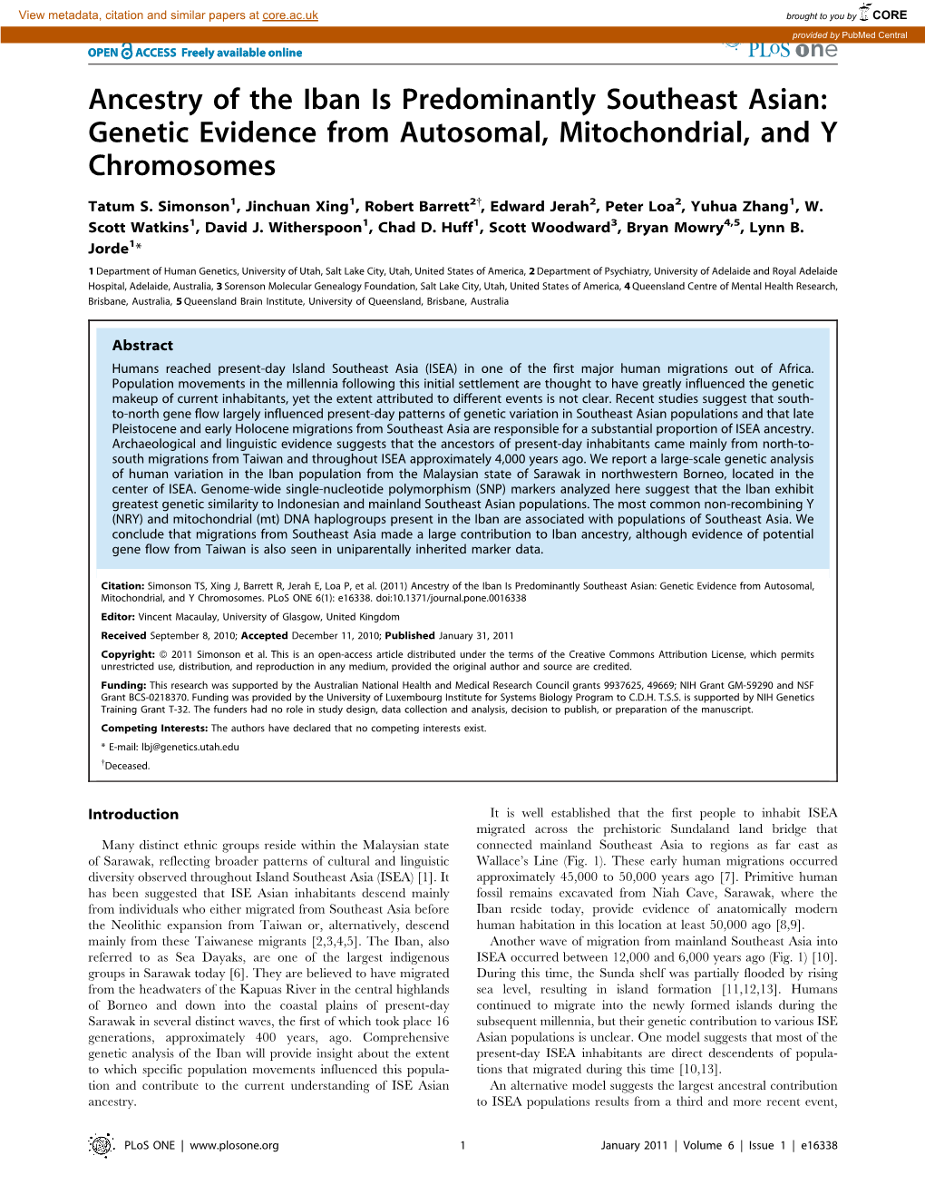 Ancestry of the Iban Is Predominantly Southeast Asian: Genetic Evidence from Autosomal, Mitochondrial, and Y Chromosomes