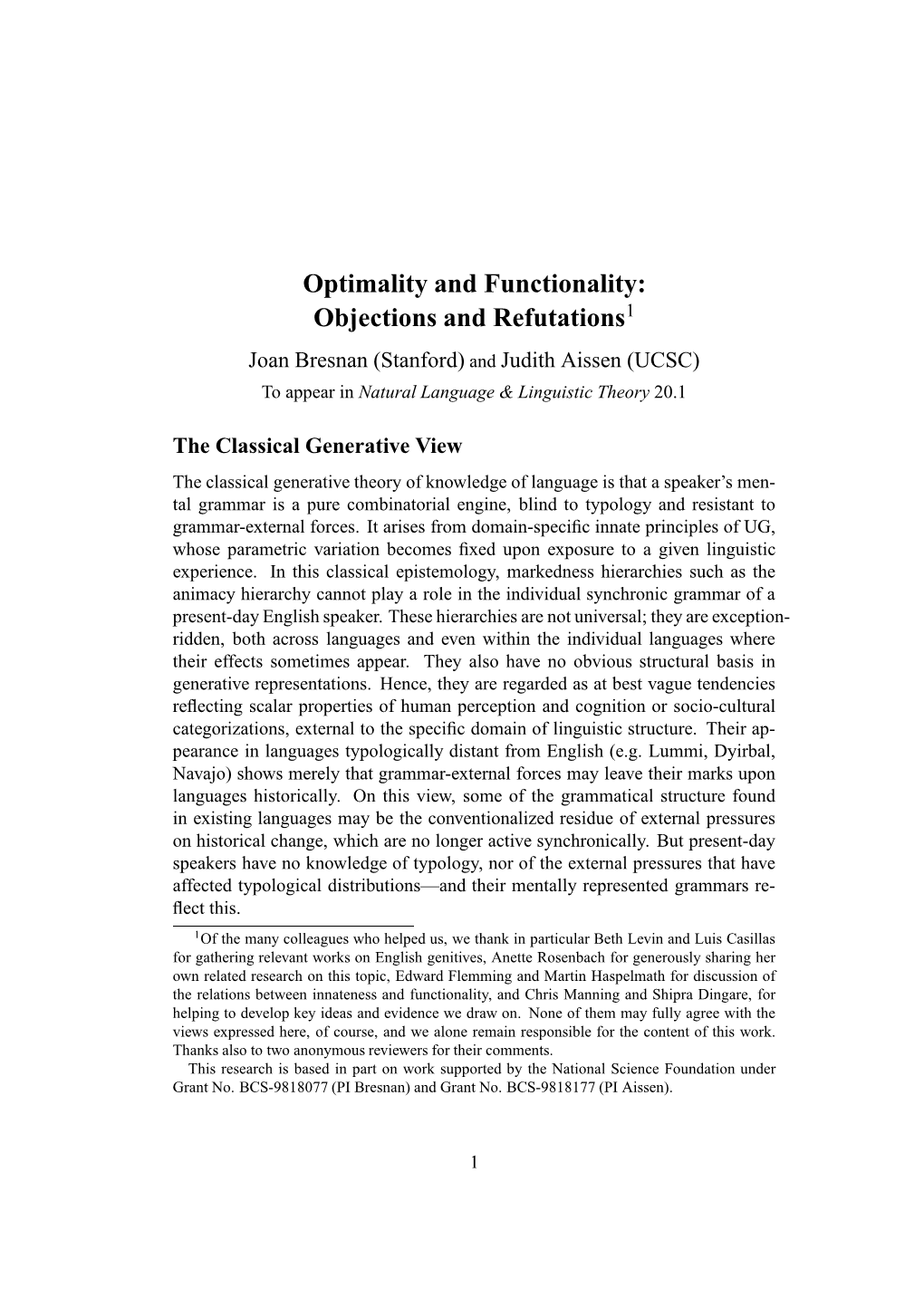 Optimality and Functionality: Objections and Refutations1