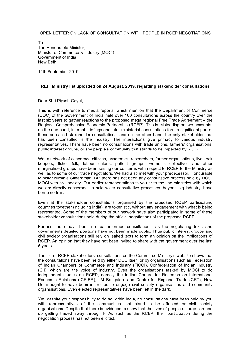 Open Letter on Lack of Consultation with People in Rcep Negotiations