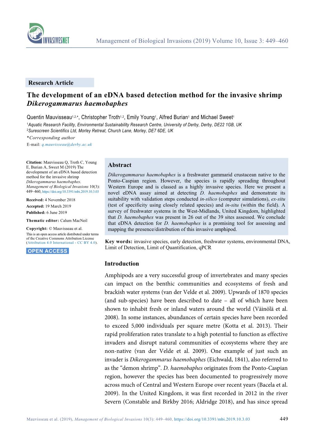 The Development of an Edna Based Detection Method for the Invasive Shrimp Dikerogammarus Haemobaphes