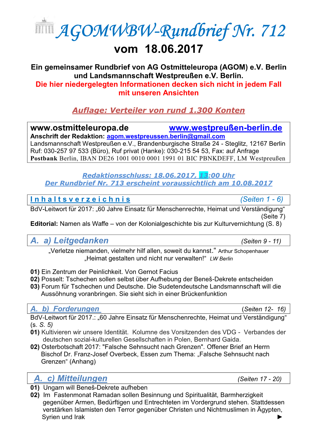 AGOMWBW-Rundbrief Nr. 712 Vom 18.06.2017