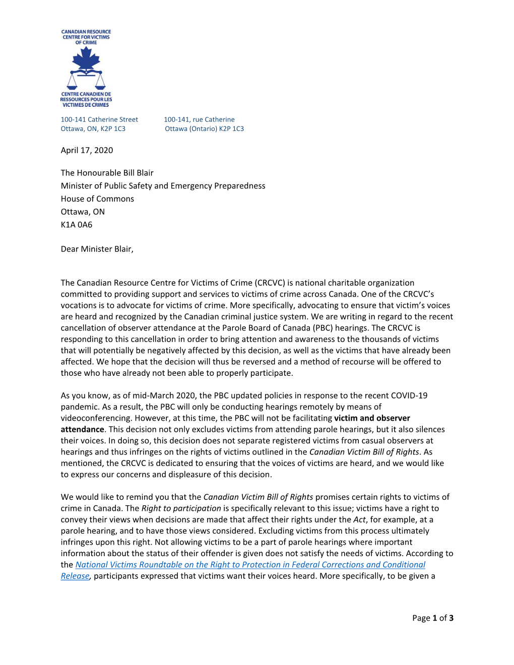 Of 3 April 17, 2020 the Honourable Bill Blair Minister of Public Safety and Emergency Preparedness House of Commons Ottaw
