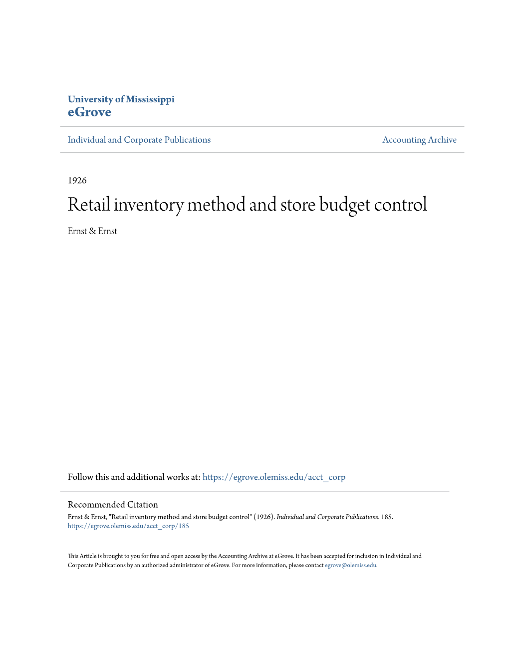 Retail Inventory Method and Store Budget Control Ernst & Ernst