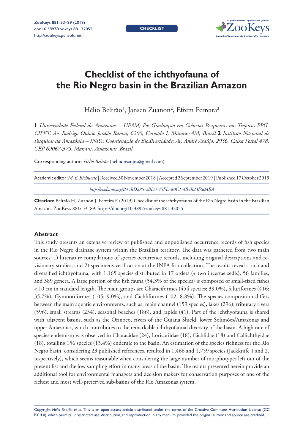 Checklist of the Ichthyofauna of the Rio Negro Basin in the Brazilian Amazon